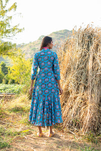 KAMAL BUTA FLARED TURQUOISE BOHO DRESS