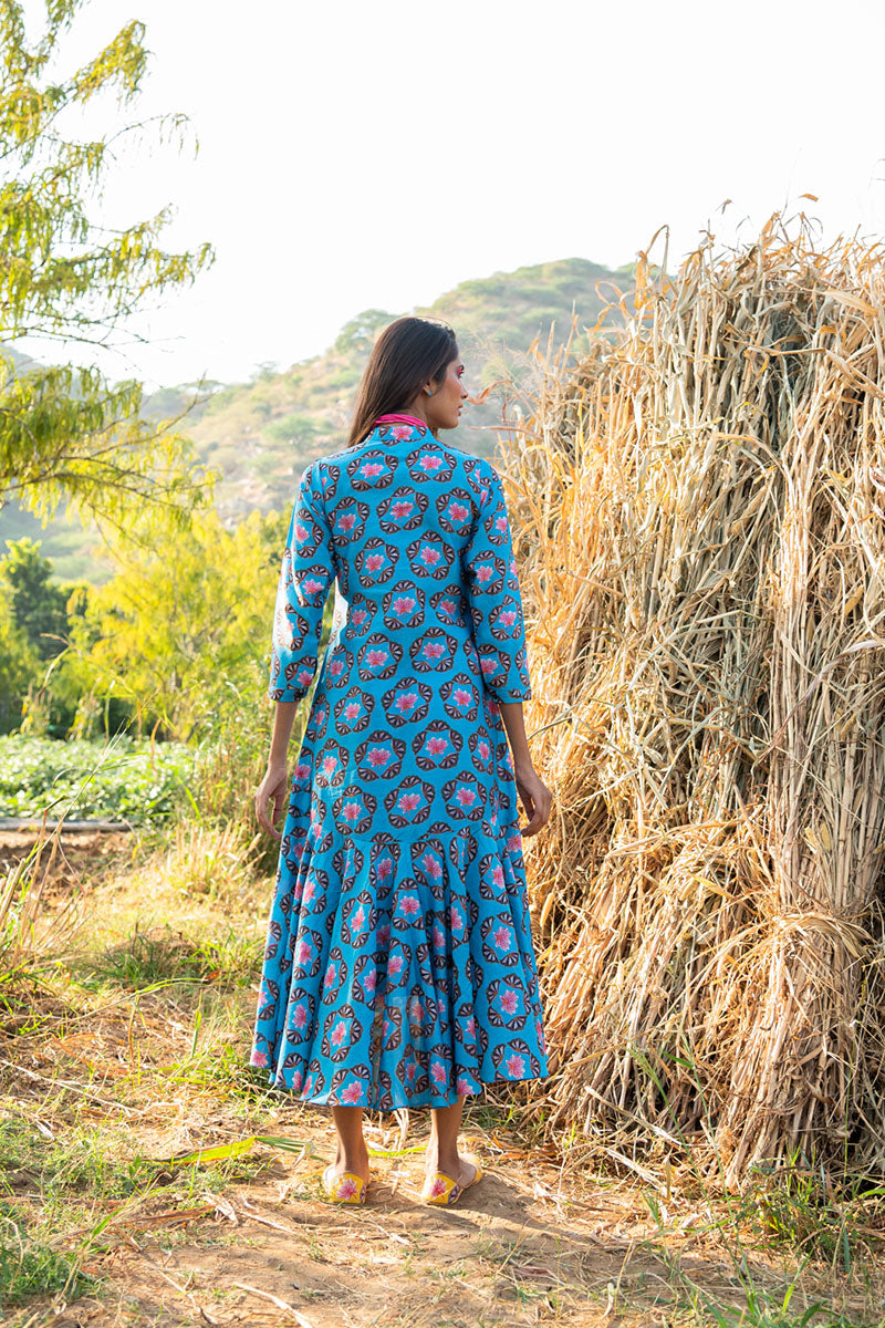 KAMAL BUTA FLARED TURQUOISE BOHO DRESS