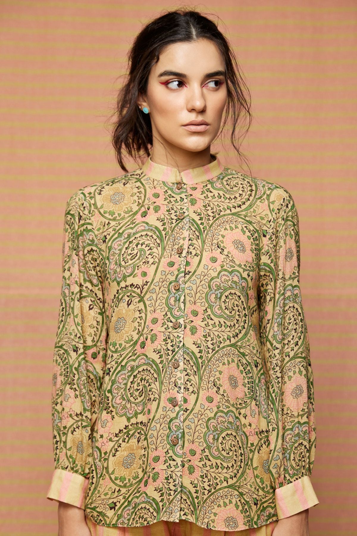 Block Printed Shirt with Striped Pleated Pants