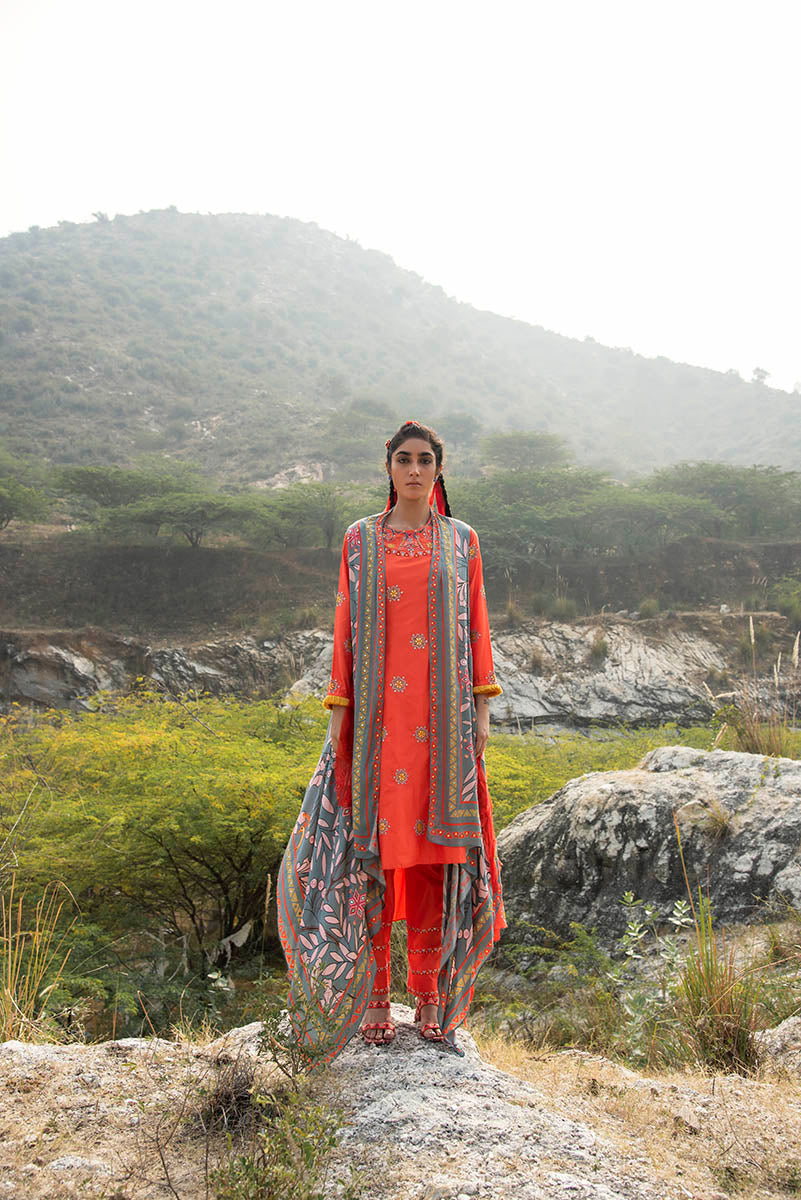Morbagh Grey Embroidered And Printed Cape With Orange Embroidered Kurta And Pants
