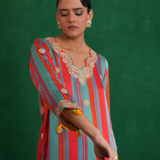 Turquoise red stripe kurta set