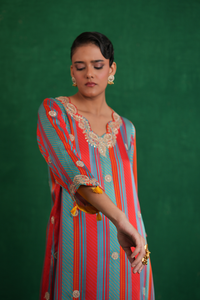 Turquoise red stripe kurta set
