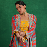 Turquoise red stripe lehenga set