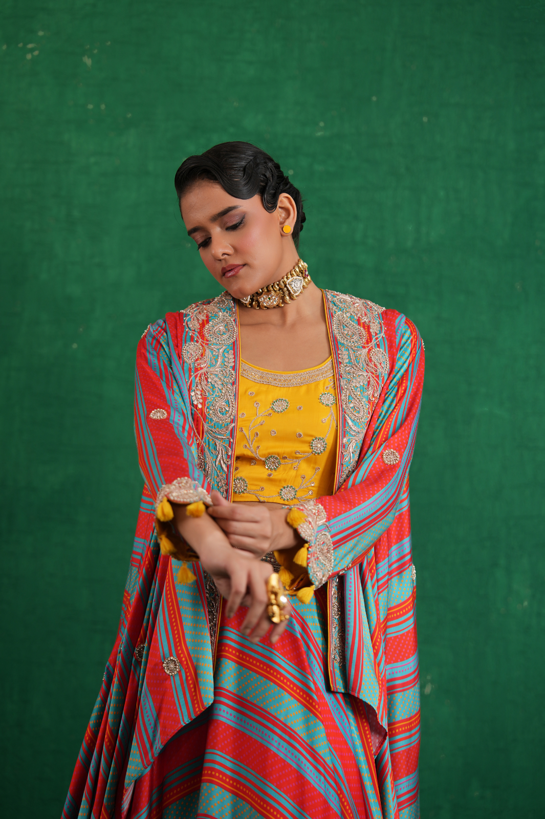 Turquoise red stripe lehenga set