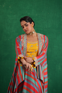 Turquoise red stripe lehenga set