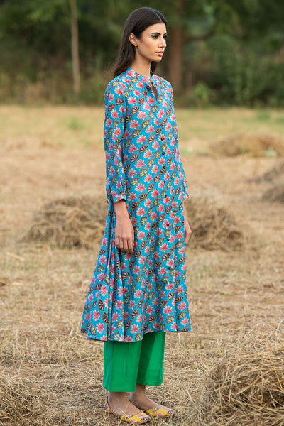 Printed Diagonal Turquoise Chanderi Flared Kurta