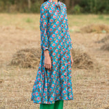 Printed Diagonal Turquoise Chanderi Flared Kurta