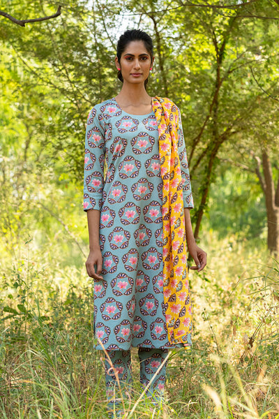 Printed Buta Grey Straight Kurta