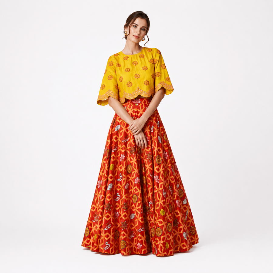 Bundi Printed Embrodiered Red Zaal Lehenga Set