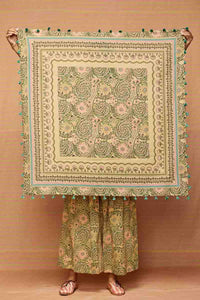 Block Printed Beige Multi Scarf with Tassels