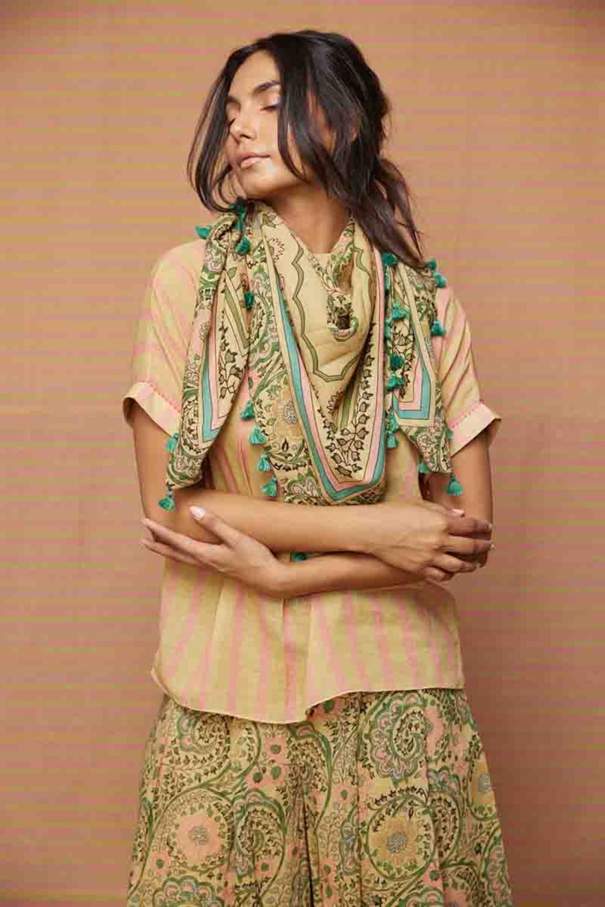 Block Printed Beige Multi Scarf with Tassels