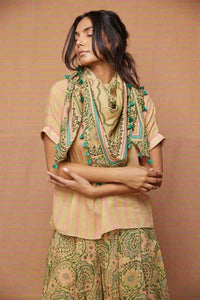 Block Printed Beige Multi Scarf with Tassels