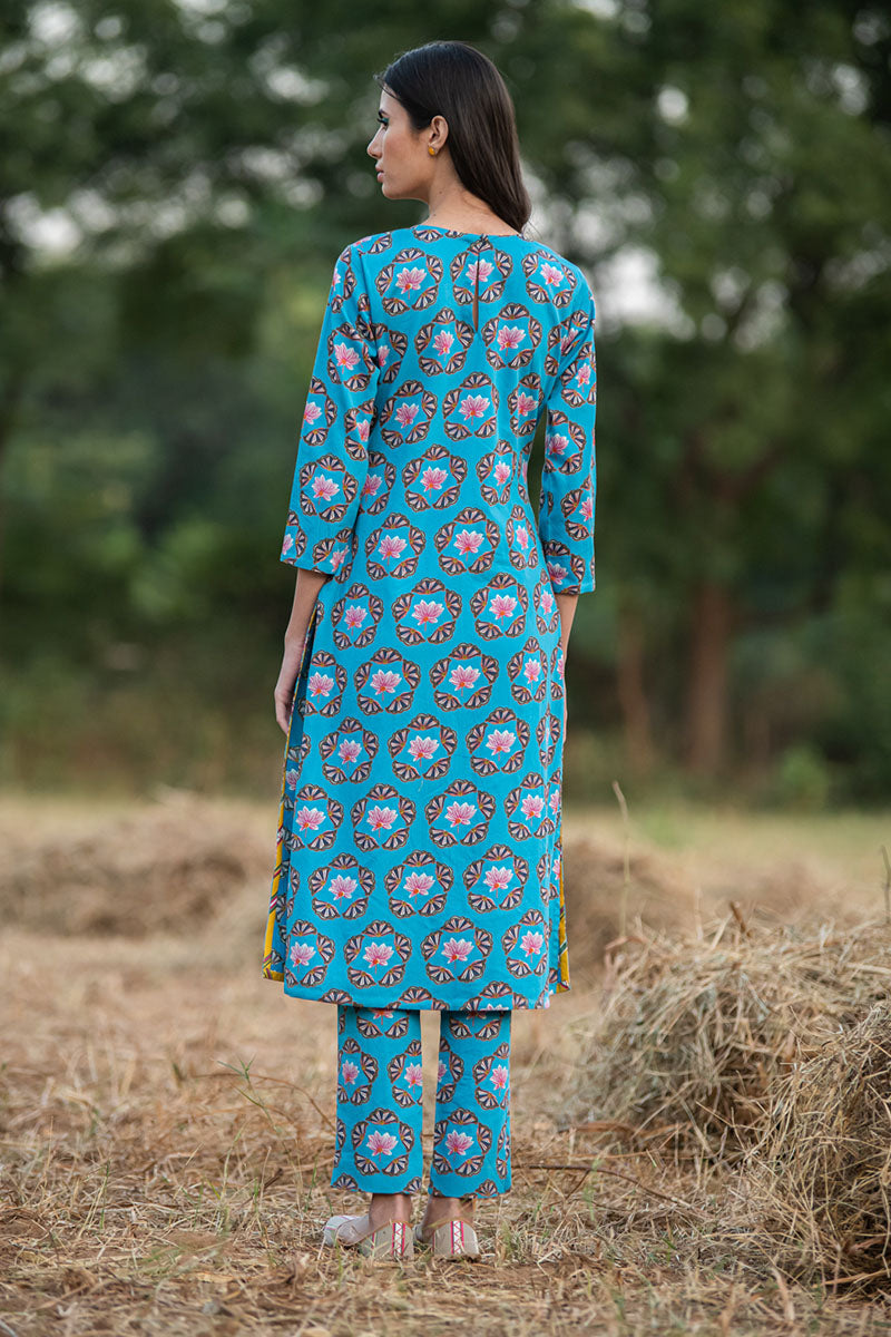 KAMAL BUTA TURQUOISE STRAIGHT KURTA