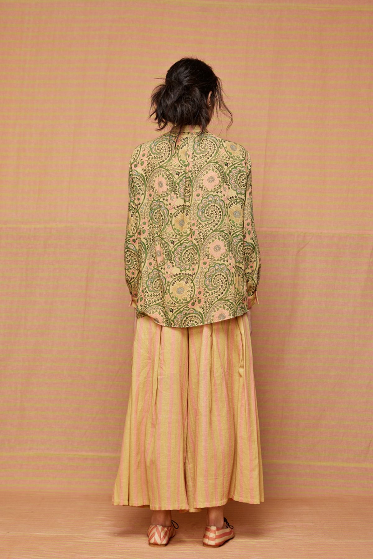 Block Printed Shirt with Striped Pleated Pants