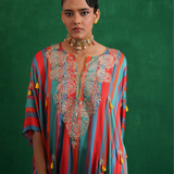 Turquoise red stripe poncho set