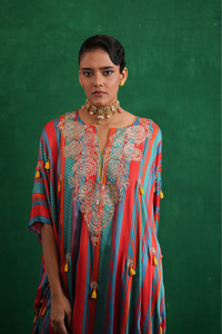 Turquoise red stripe poncho set