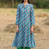 Printed Diagonal Turquoise Chanderi Flared Kurta