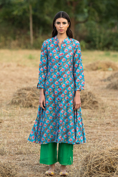 Printed Diagonal Turquoise Chanderi Flared Kurta