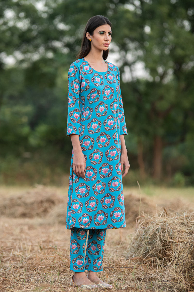 KAMAL BUTA TURQUOISE STRAIGHT KURTA