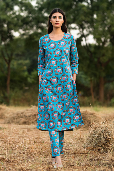 Printed Buta Turquoise Straight Kurta