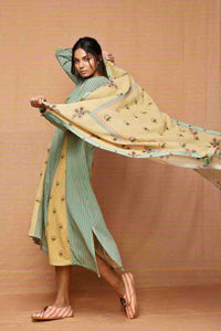 Block Printed Beige Floral Scarf with Tassels