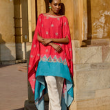 Red & Aqua Printed Embroidered Chintz Kaftan Set