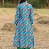 Printed Diagonal Turquoise Chanderi Flared Kurta