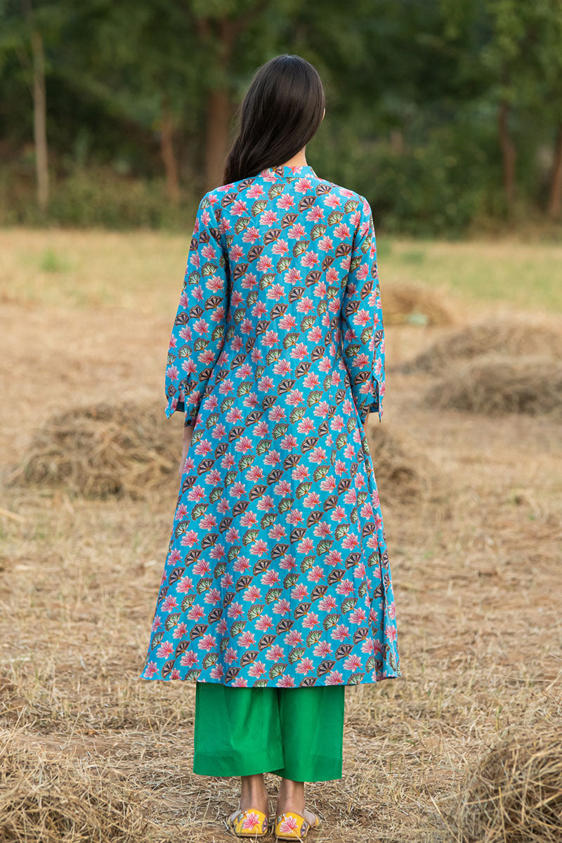 Printed Diagonal Turquoise Chanderi Flared Kurta