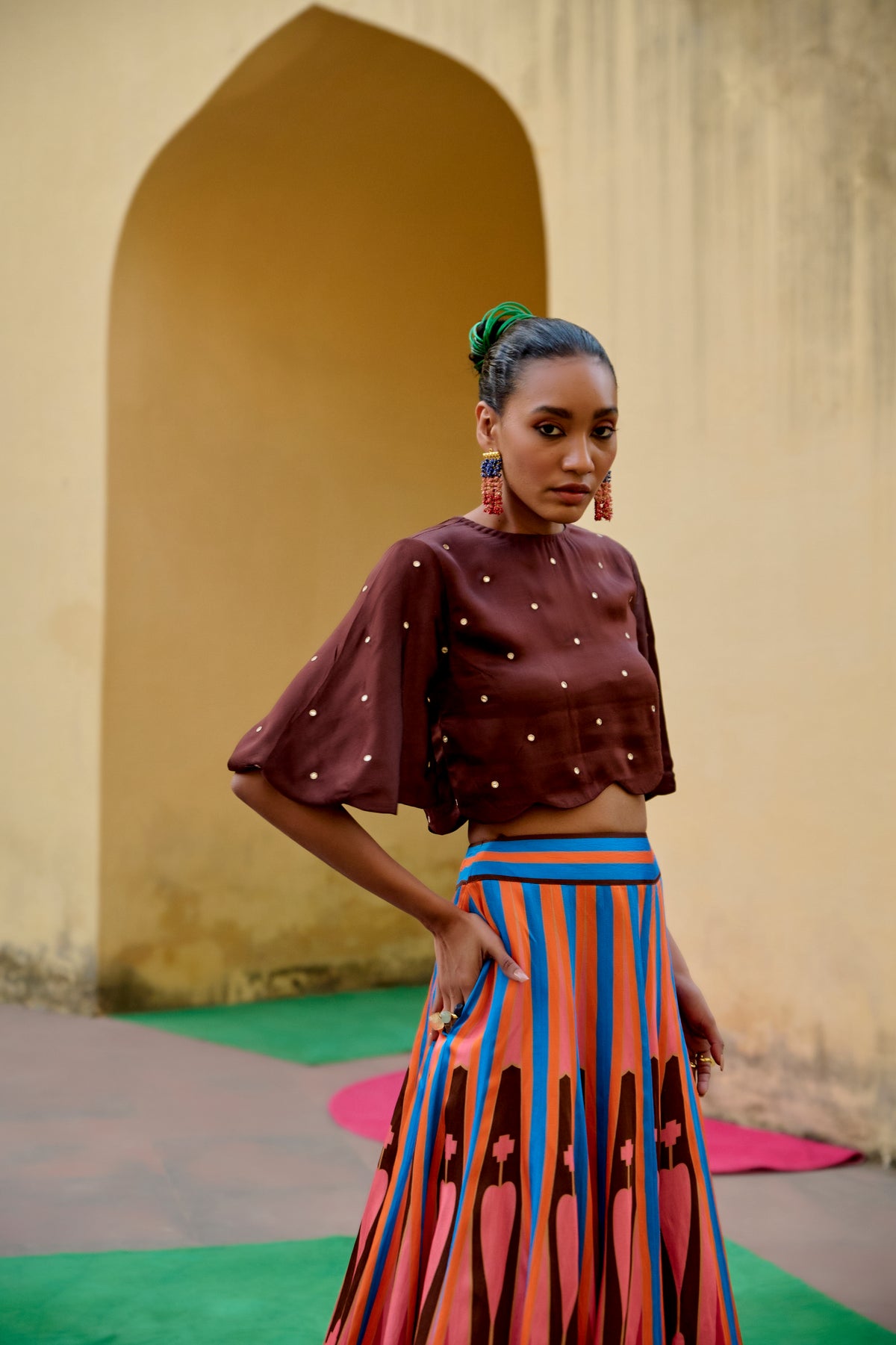 Brown Pink Printed Kilim Lehenga Set
