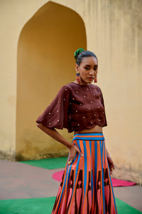 Brown Pink Printed Kilim Lehenga Set