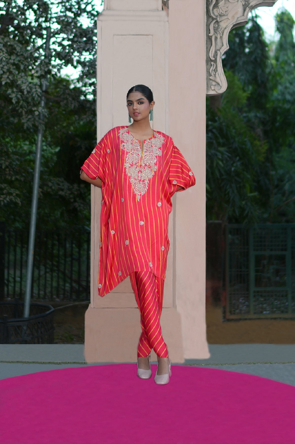 Scarlet Printed Embroidered Poncho Set