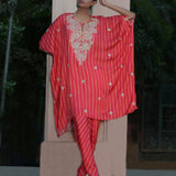 Scarlet Printed Embroidered Poncho Set