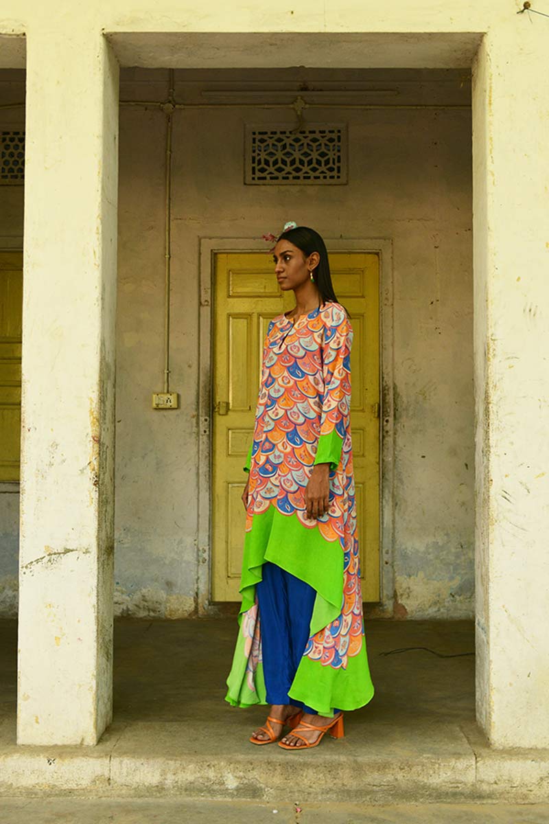 Multicolor Flora Print Modal Satin Asymmetrical Tunic Set