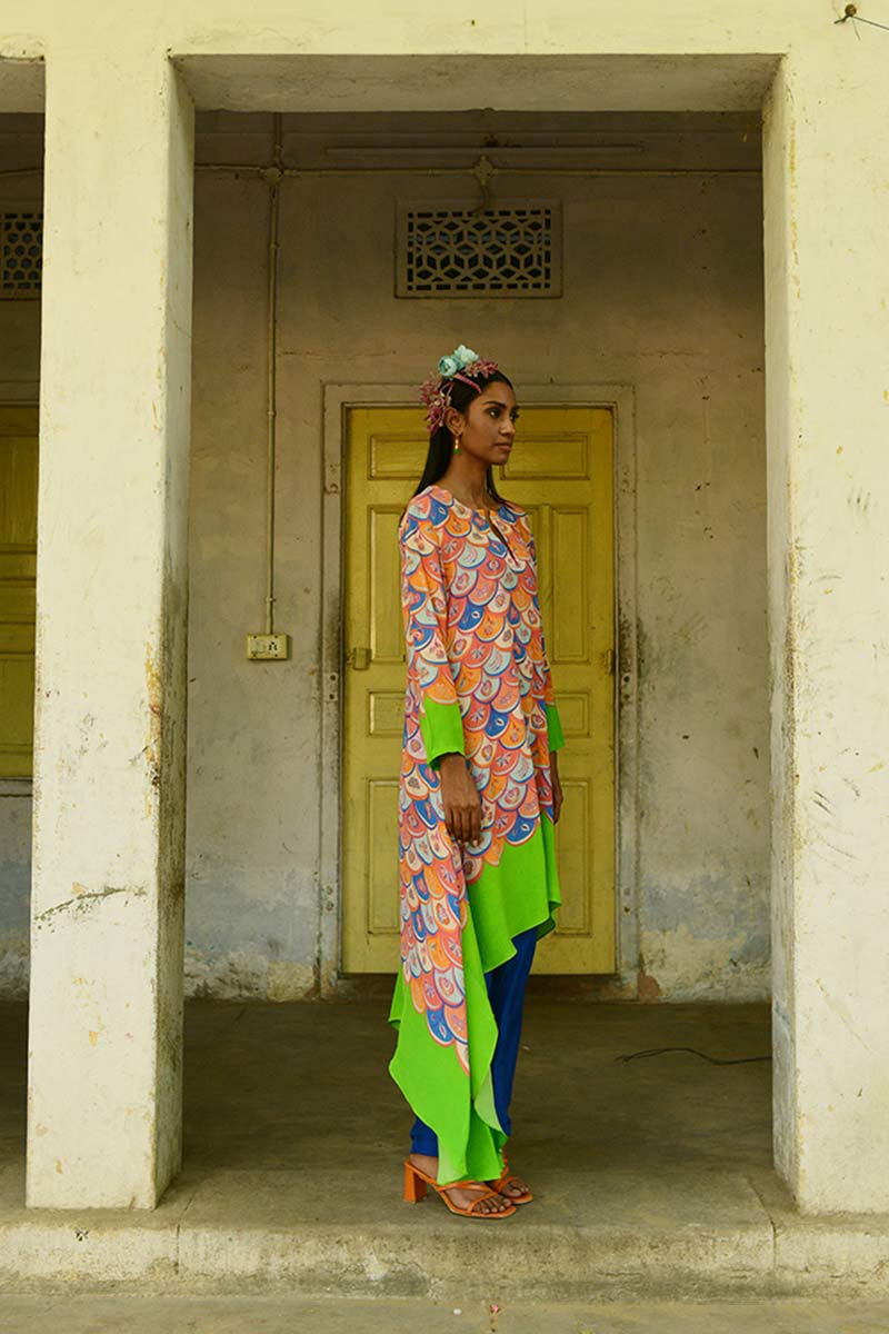 Multicolor Flora Print Modal Satin Asymmetrical Tunic Set