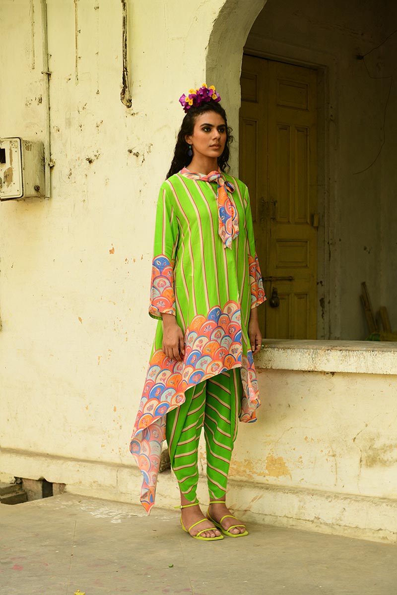 Khus Parrot Green Asymmetrical Tunic