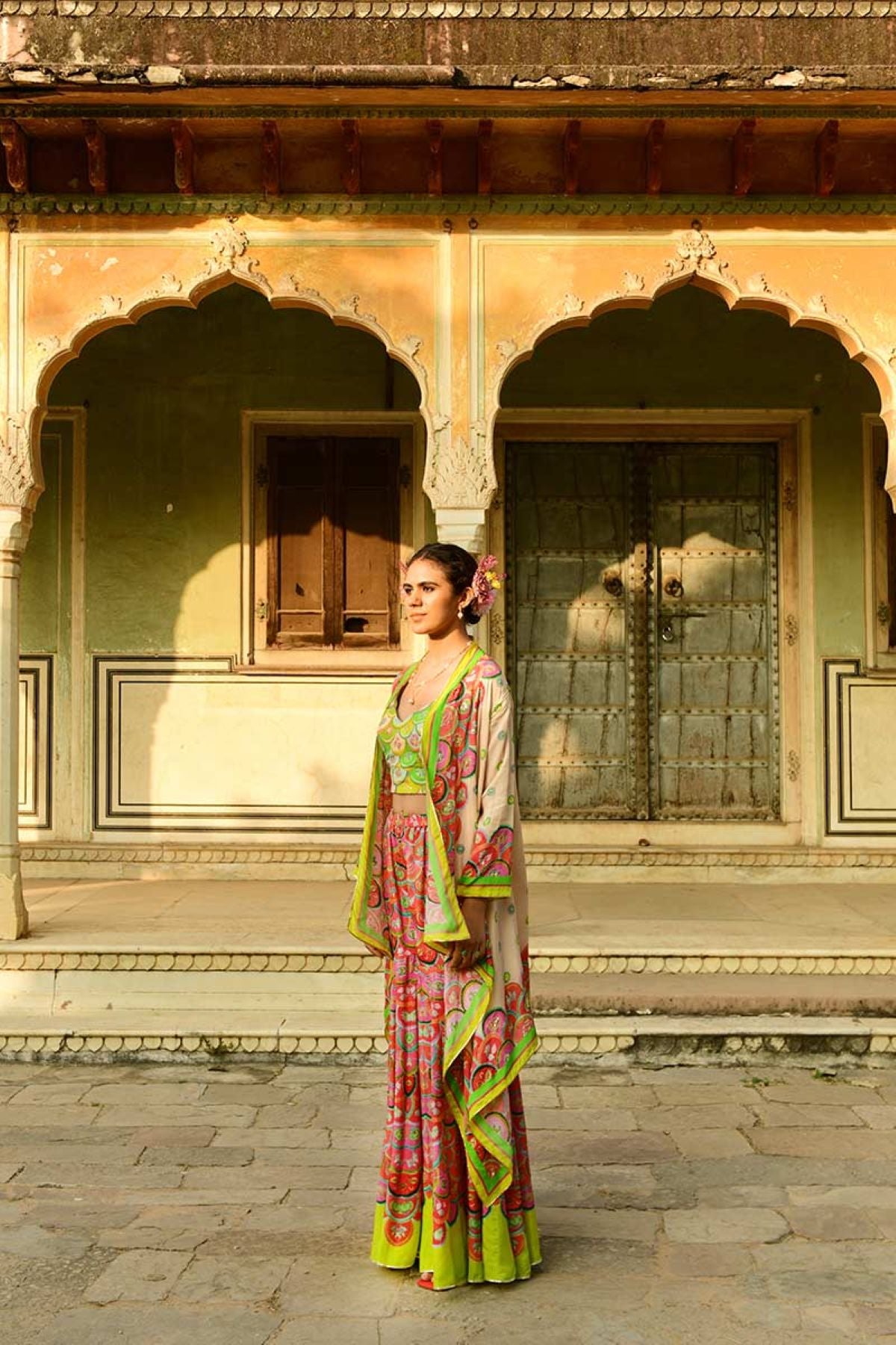 Lata Cape And Crop Top With Pansy Sharara