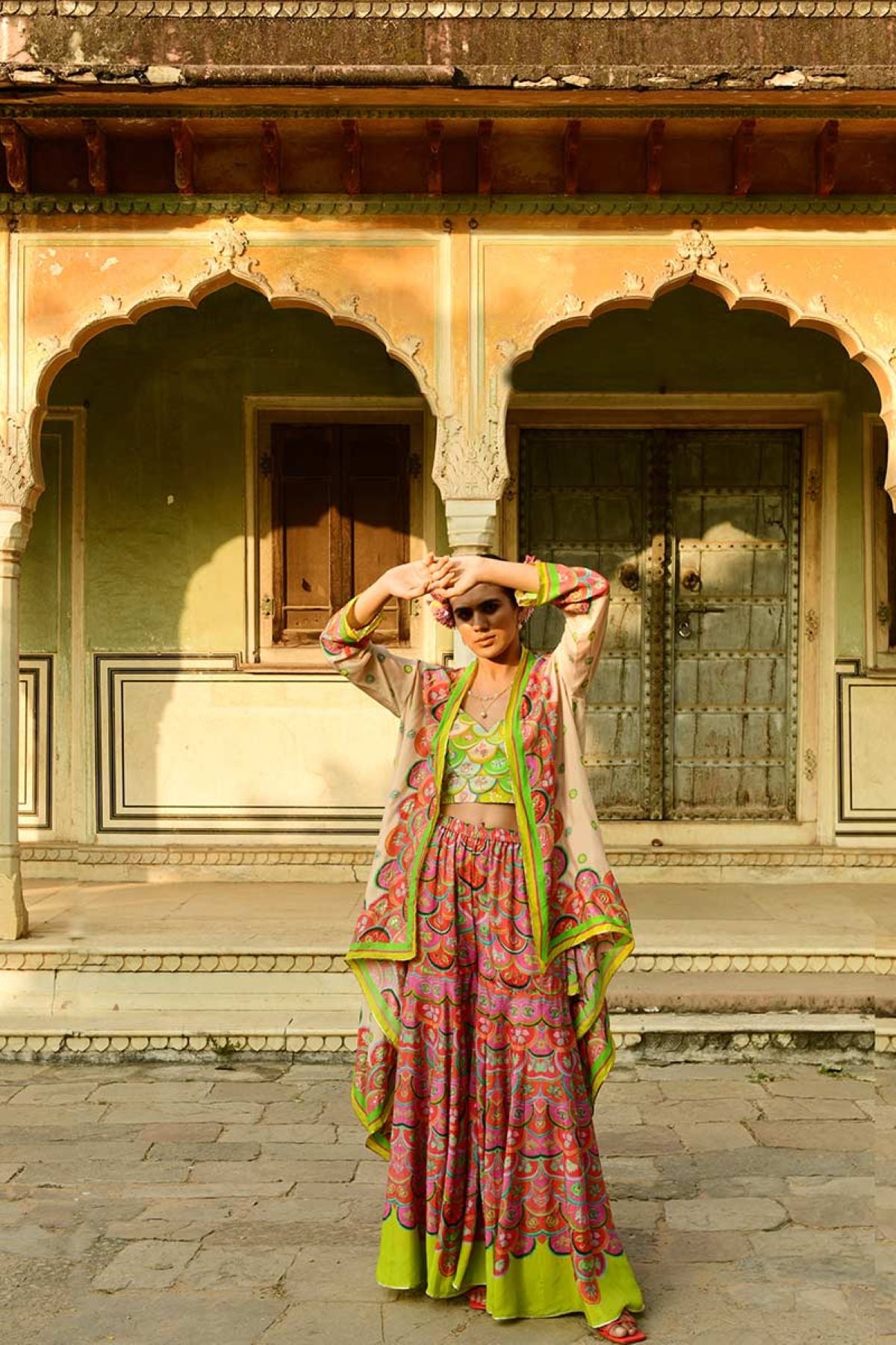 Lata Cape And Crop Top With Pansy Sharara