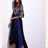 Navy Embroidered Asymmetrical Kurta With Straight Pants
