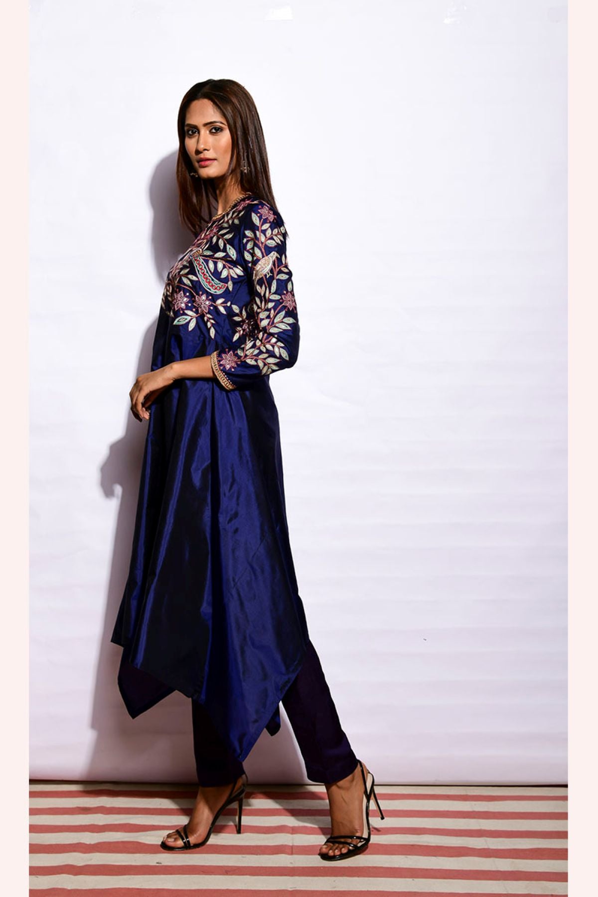 Navy Embroidered Asymmetrical Kurta With Straight Pants