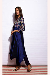 Navy Embroidered Asymmetrical Kurta With Straight Pants