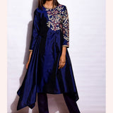 Navy Embroidered Asymmetrical Kurta With Straight Pants