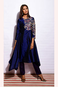 Navy Embroidered Asymmetrical Kurta With Straight Pants
