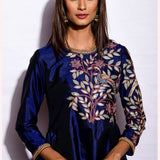 Navy Embroidered Asymmetrical Kurta With Straight Pants