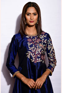 Navy Embroidered Asymmetrical Kurta With Straight Pants