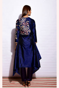 Navy Embroidered Asymmetrical Kurta With Straight Pants
