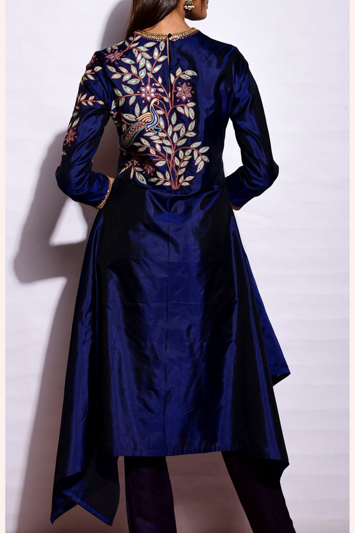 Navy Embroidered Asymmetrical Kurta With Straight Pants