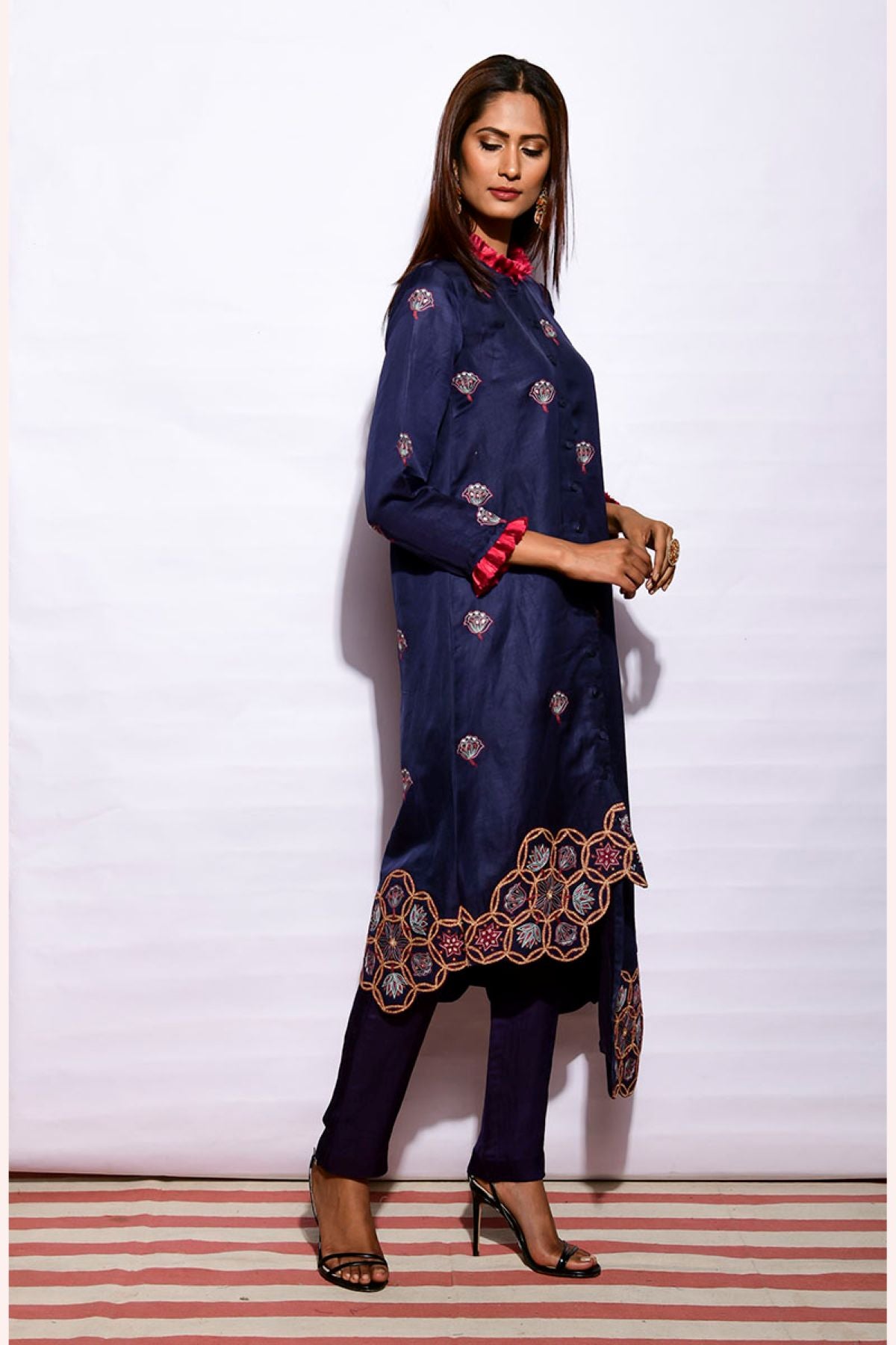Morbagh Navy Asymetrical Embroidered Fringe Tunic With Straight Pants