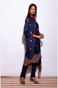 Morbagh Navy Asymetrical Embroidered Fringe Tunic With Straight Pants