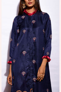 Morbagh Navy Asymetrical Embroidered Fringe Tunic With Straight Pants
