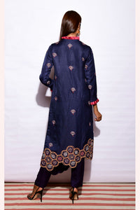 Morbagh Navy Asymetrical Embroidered Fringe Tunic With Straight Pants